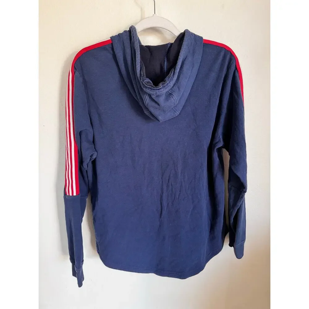 Adidas Men’s Navy Blue Pullover Hoodie Red 3-Stripe Logo‎ Athletic Sweatshirt L